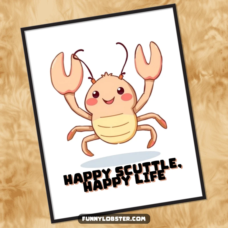 Funny Free Printable Wall Art: A kawaii lobster performs a joyful scuttle with a happy, hopeful upward glance.