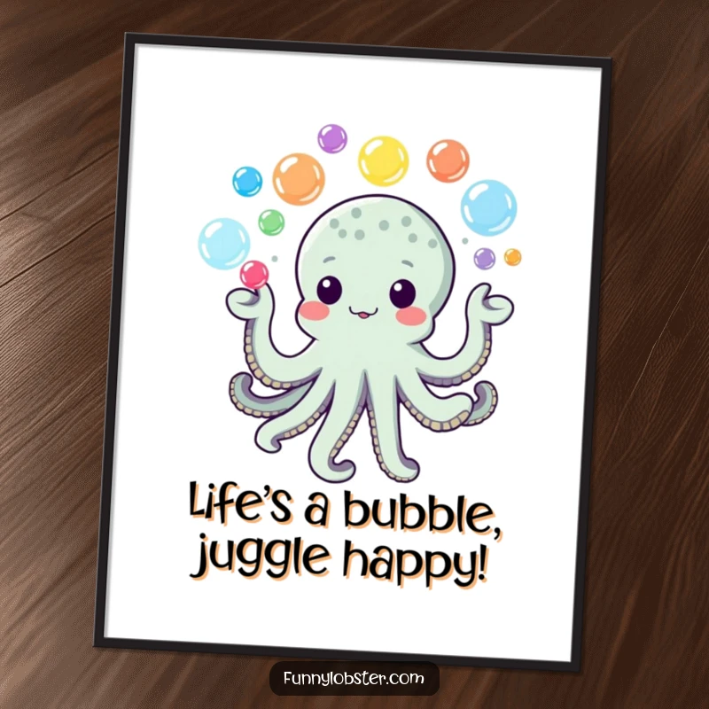 Funny Free Printable Octopus Wall Art: A kawaii octopus skillfully juggles colorful bubbles, creating a cheerful piece of decor.