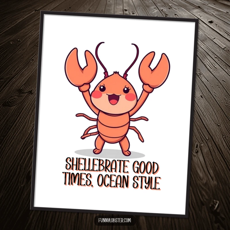 Funny Free Printable Wall Art: A kawaii lobster caught mid-dance, waving its claws with comical enthusiasm.