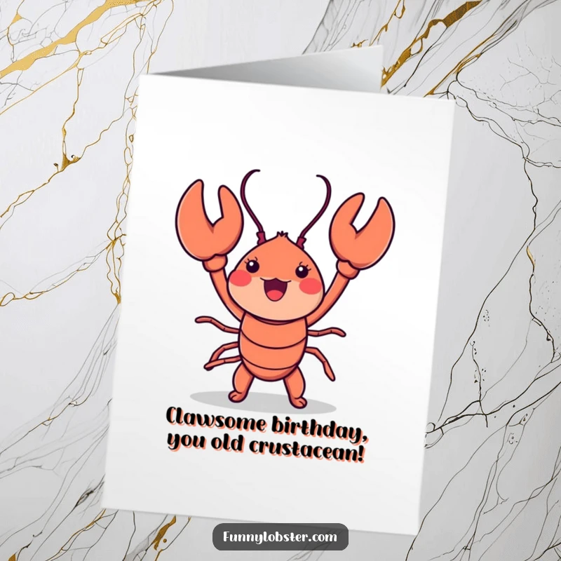 Funny Free Printable Birthday Card: Kawaii lobster with joyful expression, enthusiastically waving its claws in a dance.