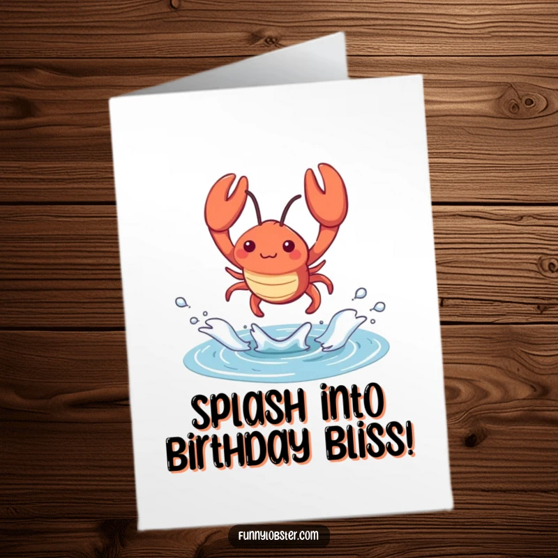 Funny Free Printable Birthday Card: A kawaii lobster leaps from a tidal pool with a big splash.
