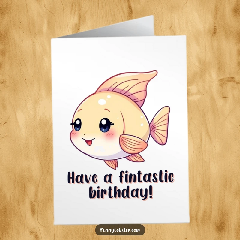 Funny Free Printable Birthday Card: A kawaii angelfish character with vibrant, shimmering fins fluttering playfully, sending happy birthday wishes.