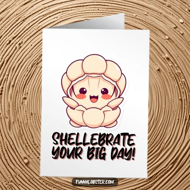 Funny Free Printable Birthday Card: Kawaii clam popping open with a shocked, joyous expression, ready to celebrate.