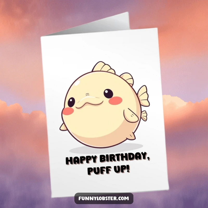 Funny Free Printable Pufferfish Birthday Card: A kawaii pufferfish inflates with glee, celebrating a happy birthday.
