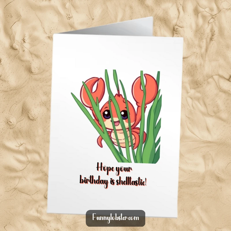Funny Free Printable Birthday Card: Smiling lobster character with wide eyes, peeking playfully from behind seaweed.