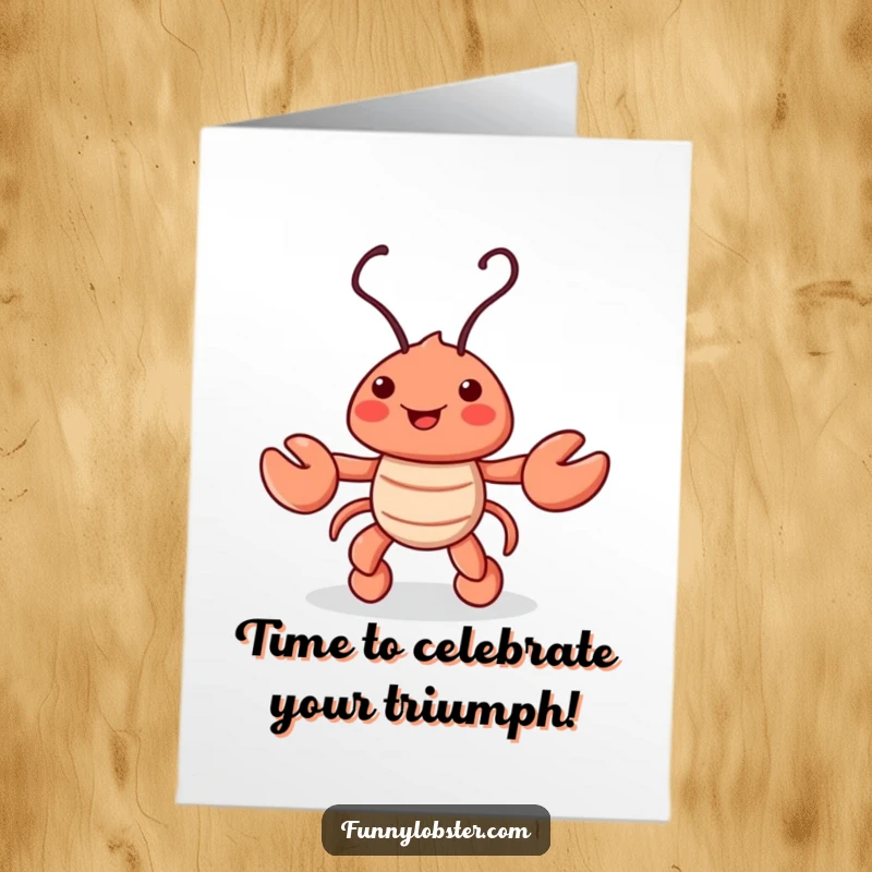 Funny Free Printable Congratulations Card: Playful lobster character doing a jig with its antennae, celebrating achievements.