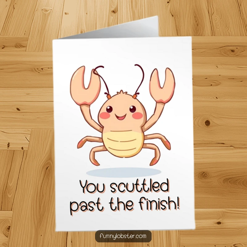 Funny Free Printable Congrats Card: A kawaii lobster scuttles playfully with an excited upward glance.