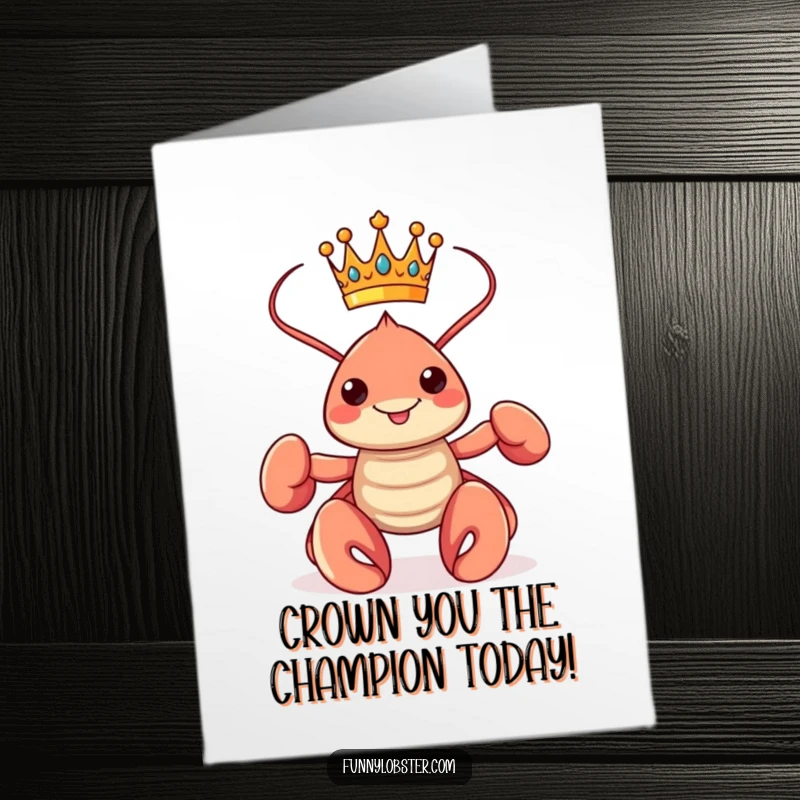 Funny Free Printable Congrats Card: A proud kawaii lobster sports a tiny crown, striking a victorious pose.