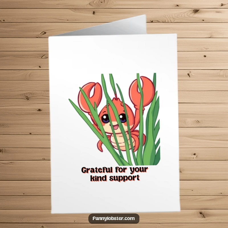 Funny Free Printable Thank You Card: Smiling lobster character with wide eyes, peeking from seaweed, expressing thanks.