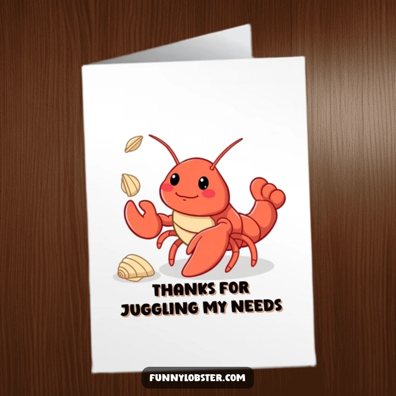 Funny Free Printable Thank You Card: A kawaii lobster juggles three shells, a charming way to say thanks.