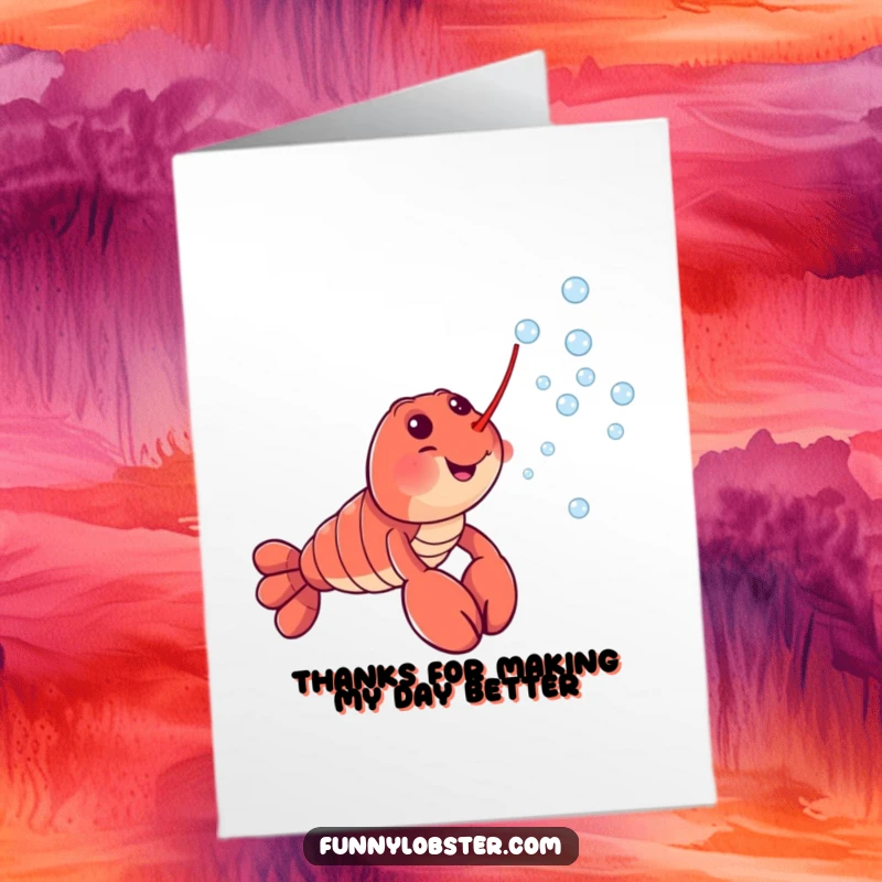 Funny Free Printable Thank You Card: Cheerful lobster character blowing a stream of tiny bubbles, saying thanks.