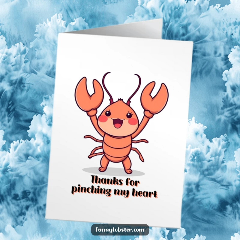 Funny Free Printable Thank You Card: A happy kawaii lobster does a silly claw-waving dance to show thanks.