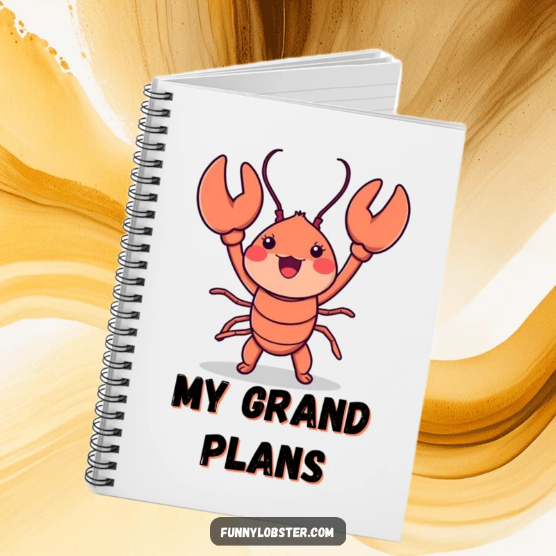 Funny kawaii lobster in an energetic dance pose, gracing the cover of a notebook for creative expression.