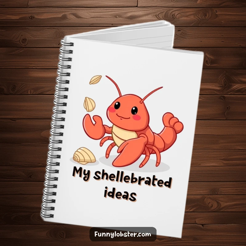 Funny kawaii lobster in the act of juggling three small seashells, featured on the cover of a notebook.