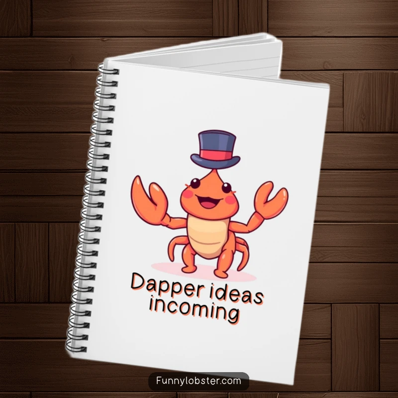 Funny kawaii lobster in a tiny top hat writes notes, this notebook is perfect for dapper and humorous journaling.