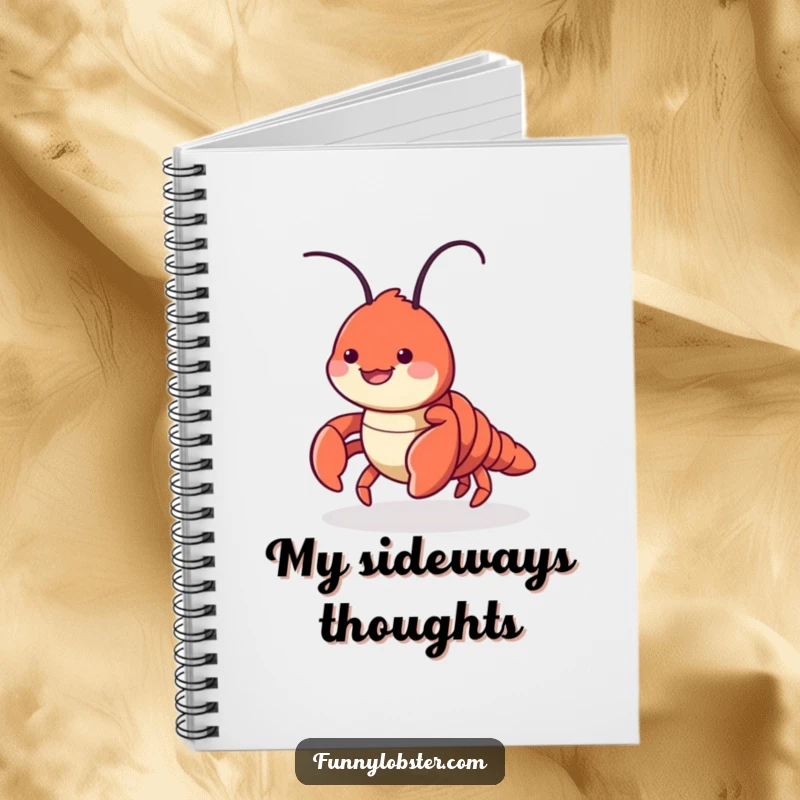 Funny notebook with a cute lobster character doing a playful sideways scuttle with a smile, inspiring quirky creativity for note-taking.