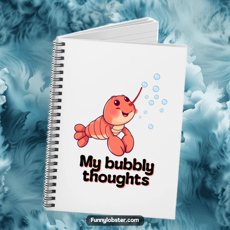 Funny notebook cover displaying a happy lobster character cheerfully blowing a whimsical stream of tiny bubbles, inspiring creativity.