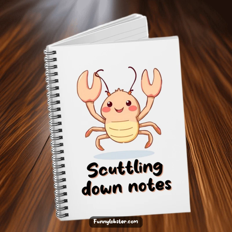 Funny kawaii lobster scuttles playfully with a happy upward glance, this notebook is ideal for cheerful and humorous writing.