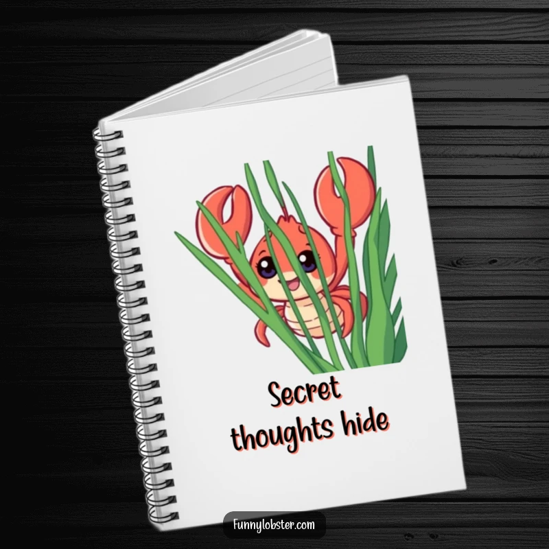 Funny notebook cover featuring a smiling lobster with wide eyes peeking from behind seaweed, inspiring creative ideas.