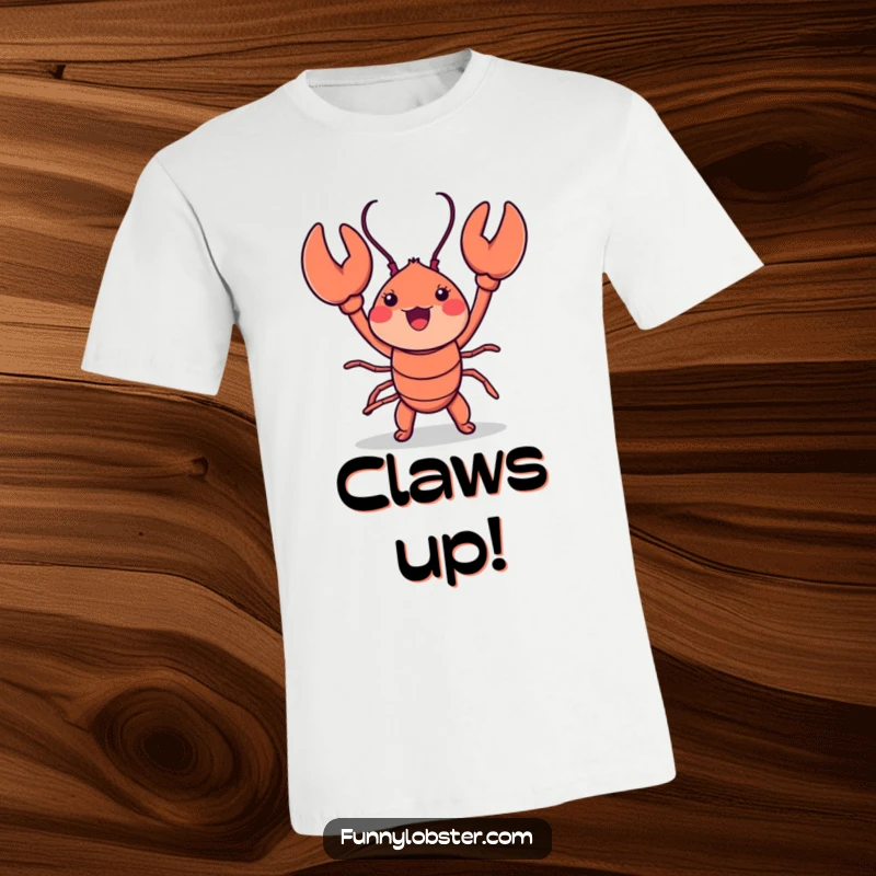Funny kawaii lobster enthusiastically waving claws in a silly dance, capturing pure joy on a comfortable t-shirt.