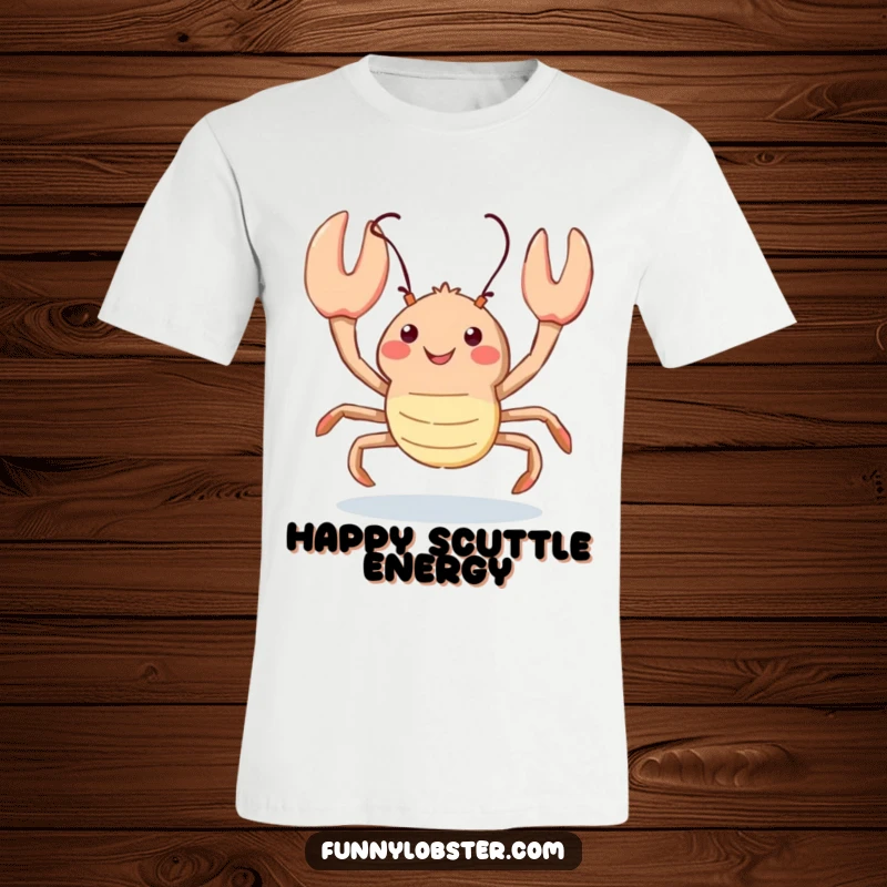 Funny kawaii lobster performs a happy scuttle with an optimistic upward glance, embodying playful and cheerful energy.