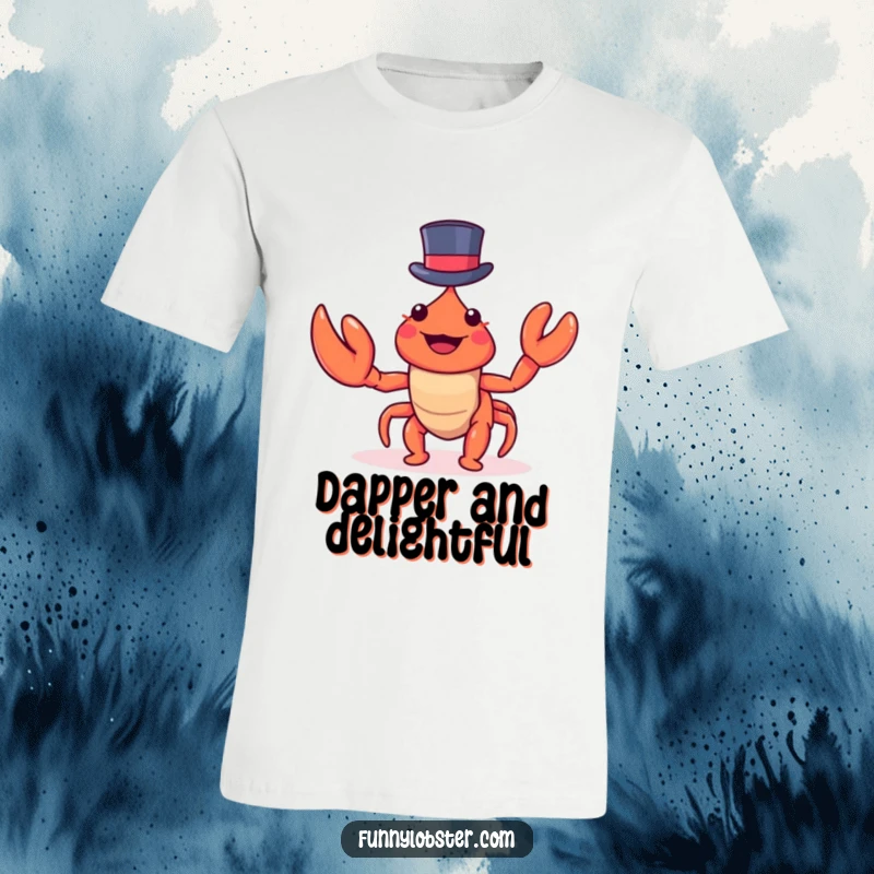 Funny kawaii lobster wearing a miniature top hat excitedly waves a claw, showcasing fun and humorous sea creature style.