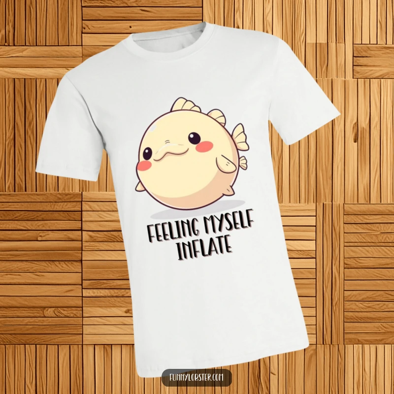 Funny Kawaii Pufferfish T-Shirt playfully inflating and deflating with glee, a humorous and expressive wearable.