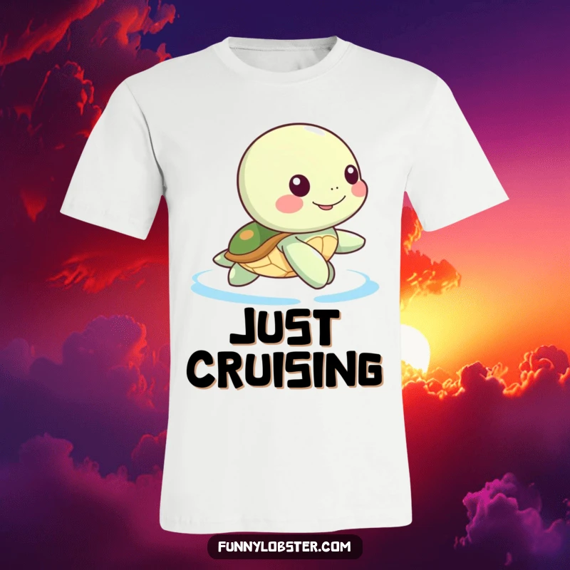 Funny Kawaii sea turtle character doing a gentle, happy paddle stroke, a humorous and calming t-shirt.