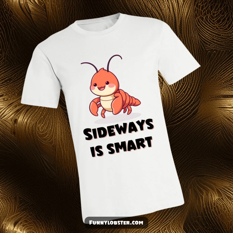 Funny t-shirt depicting a cute lobster character joyfully scuttling sideways with a big smile, highlighting playful movement and personality.
