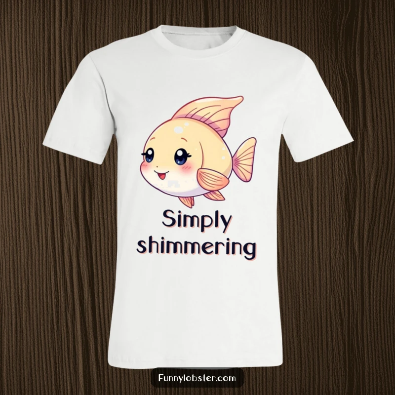 Funny Kawaii angelfish with shimmering fins fluttering playfully, a vibrant and humorous t-shirt for ocean lovers.