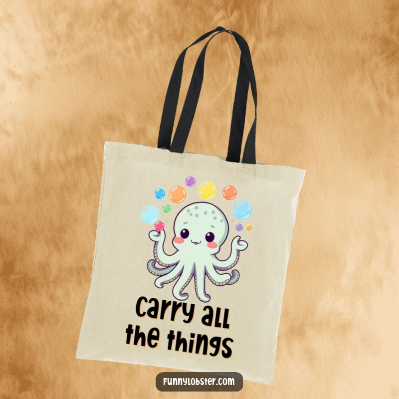 Funny Kawaii Octopus Tote Bag juggling colorful bubbles, a cheerful and humorous accessory.