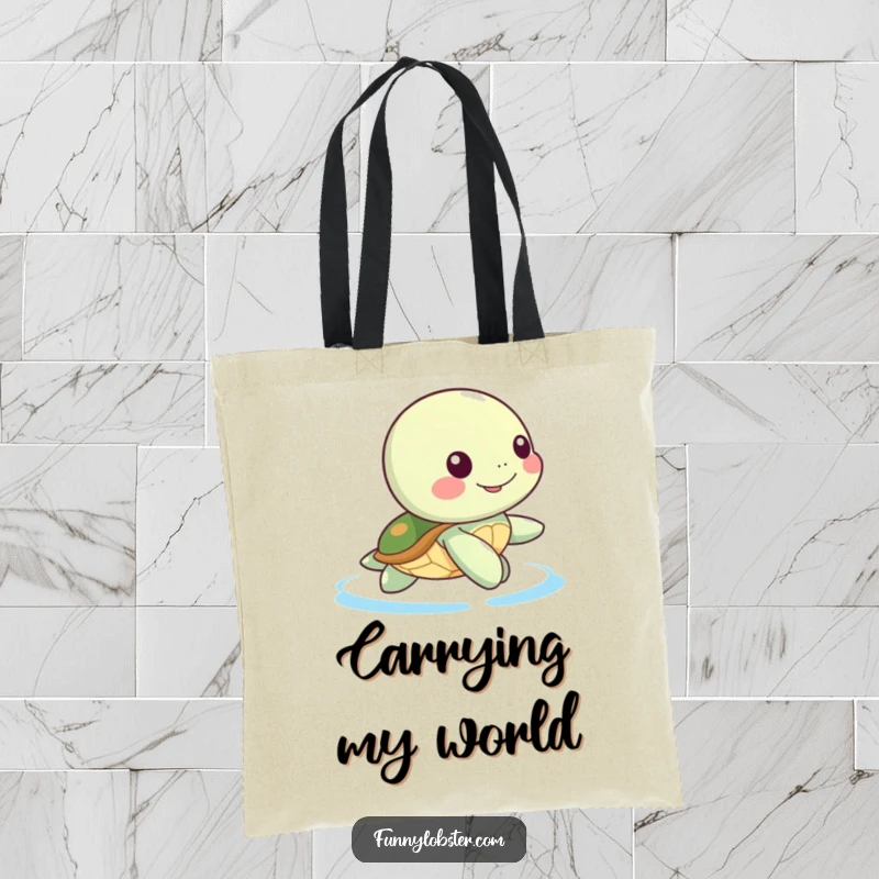 Funny Kawaii sea turtle character performing a gentle, happy paddle, a humorous and eco-friendly tote bag.