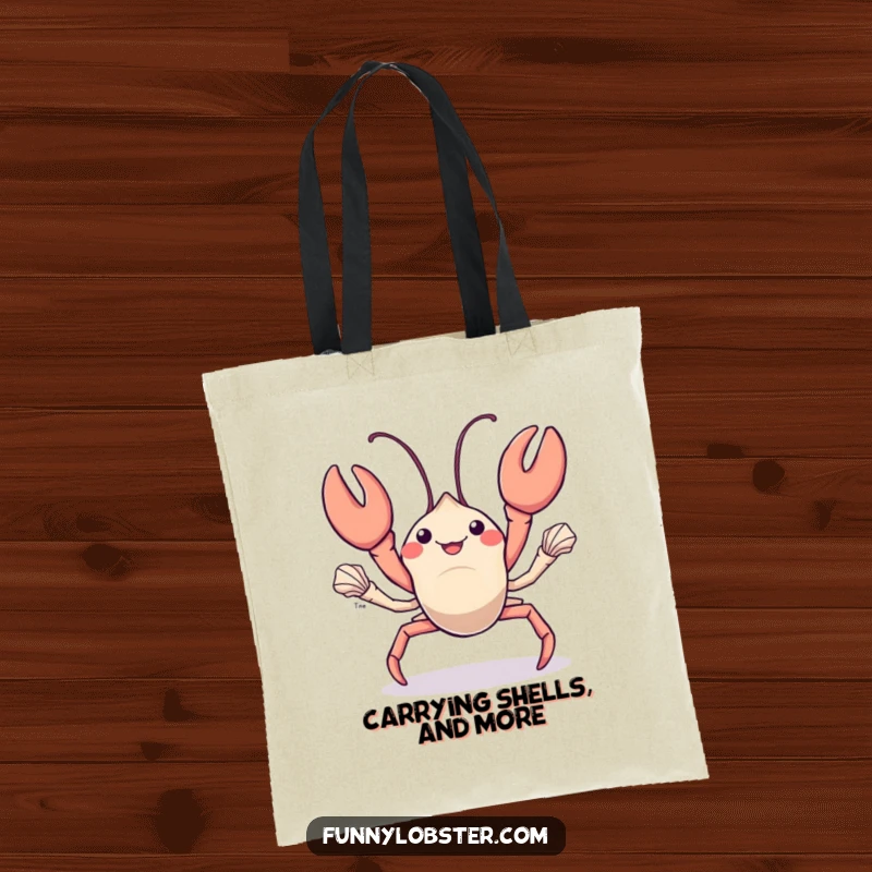 Funny kawaii lobster juggles small shiny seashells with its claws, making this tote bag a humorous and talented accessory.
