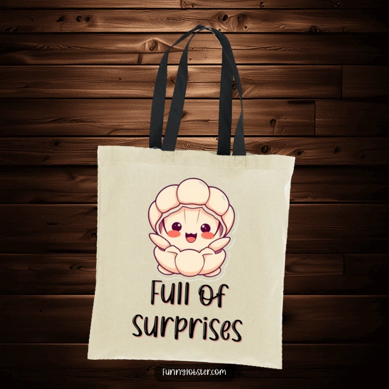 Funny Kawaii clam character opening wide with a surprised, happy expression, a humorous and practical tote.