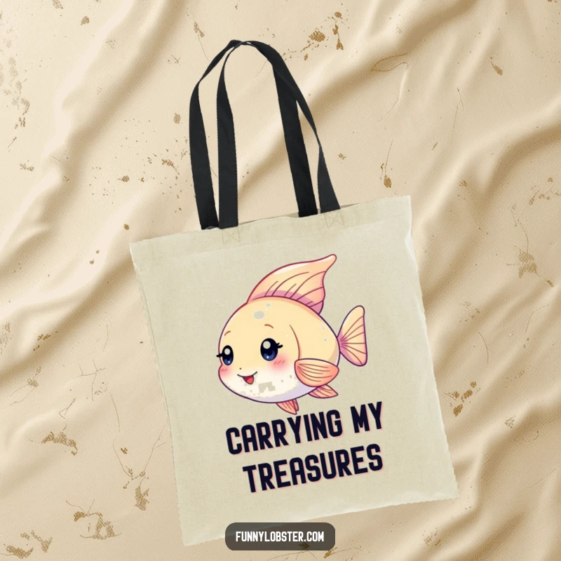 Funny Kawaii angelfish with shimmering fins fluttering playfully, a humorous and stylish tote bag.